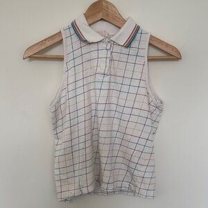 Vintage Sleeveless Collared Polo Top in White with Multi-Color Grid